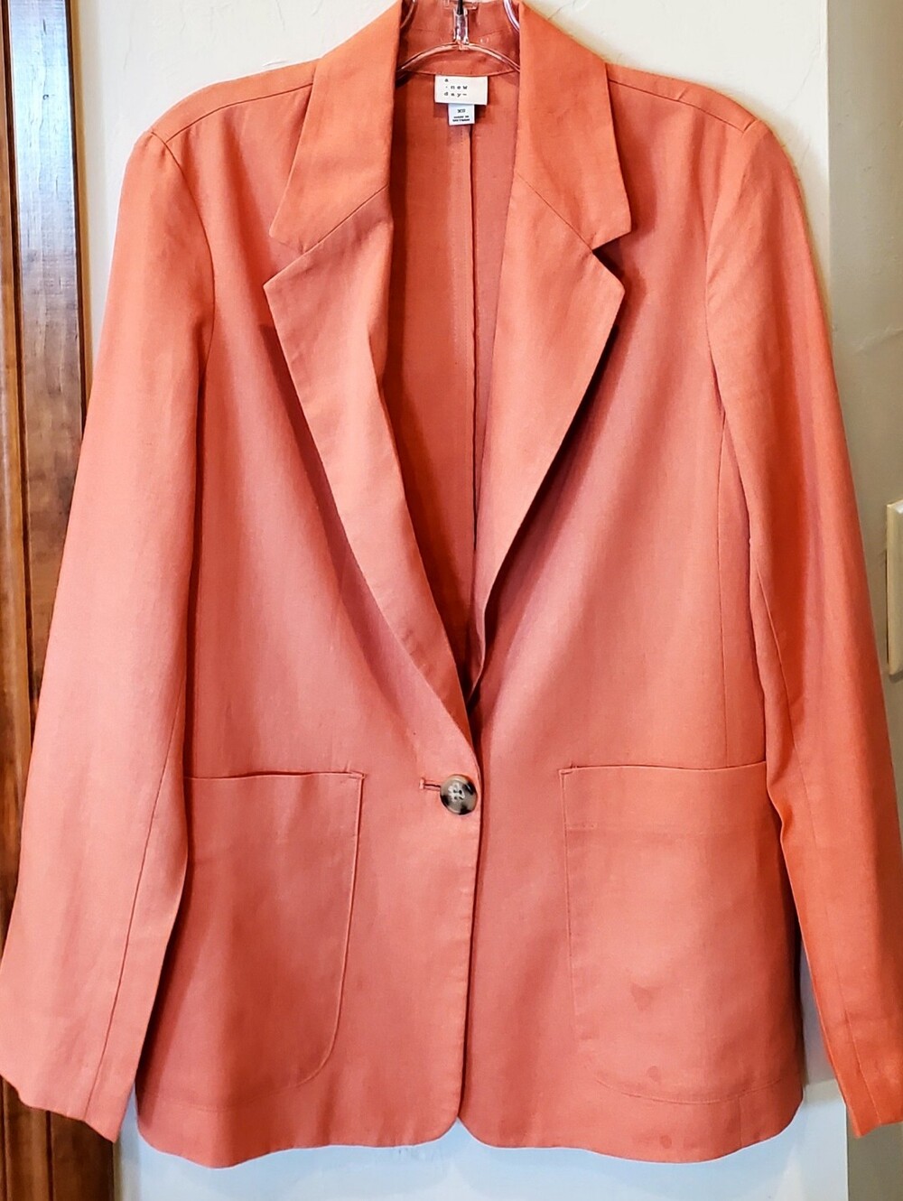 Linen Blend Blazer Women XS  Coral Single Button Pockets P-P18.75" W18.5" L27"